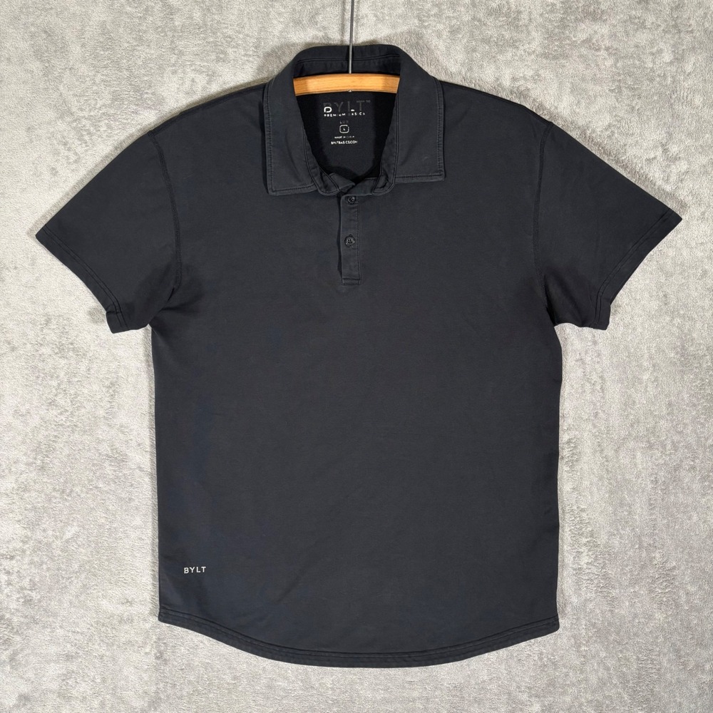 BYLT Premium Basics Lux Polo Mens Large Black Short Sleeve Curved Hem Athleisure